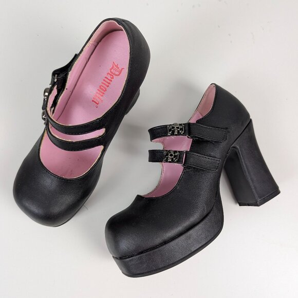 Demonia | Black Gothic Platform Mary Jane Heels with Skull Buckles Size 6 - Picture 1 of 11